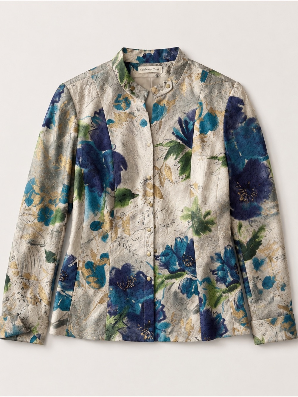 Coldwater Creek Blue & Green Floral Button-Front Mandarin Jacket
